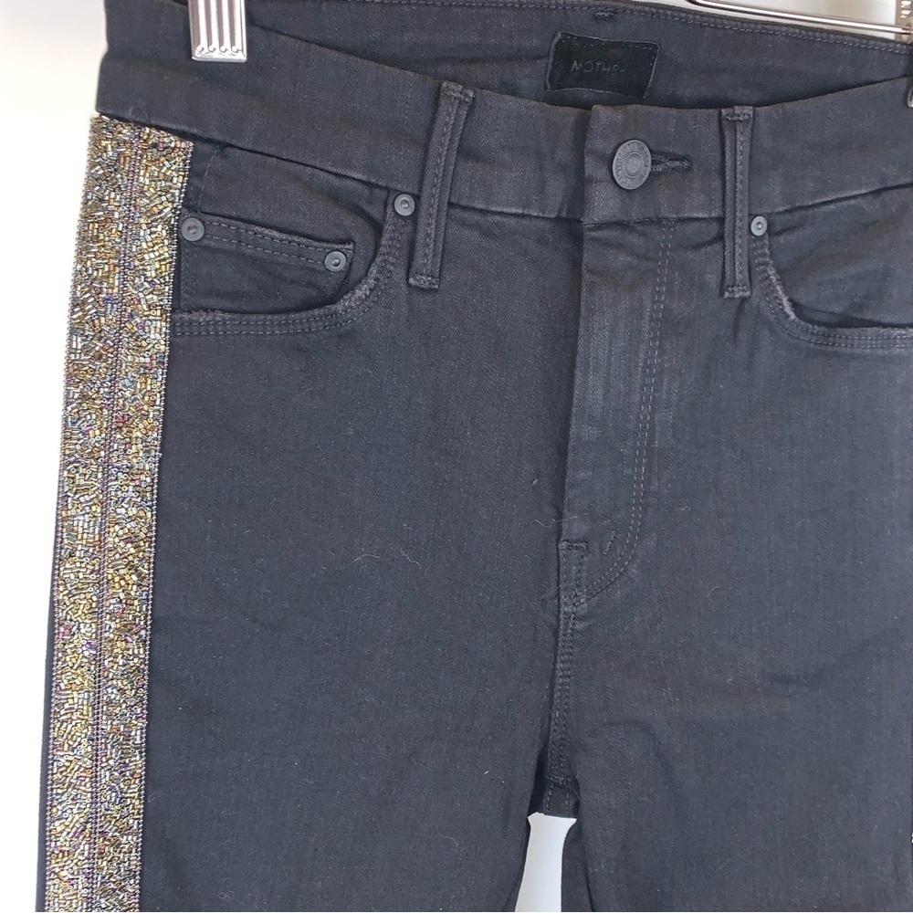 MOTHER NWT High Waist Looker Ankle Fray Guilty Flash Beaded Stripe Black Jeans - Picture 3 of 14